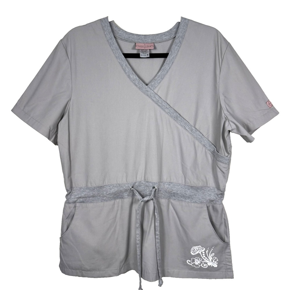 Katherine Heigl Scrub Top Womens L Gray Excellent Drawstring Mock Wrap V-Neck